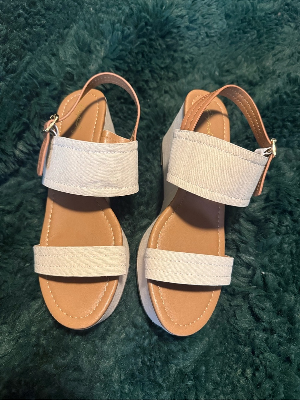 Womens Cream Double-Strap Wedge Sandals